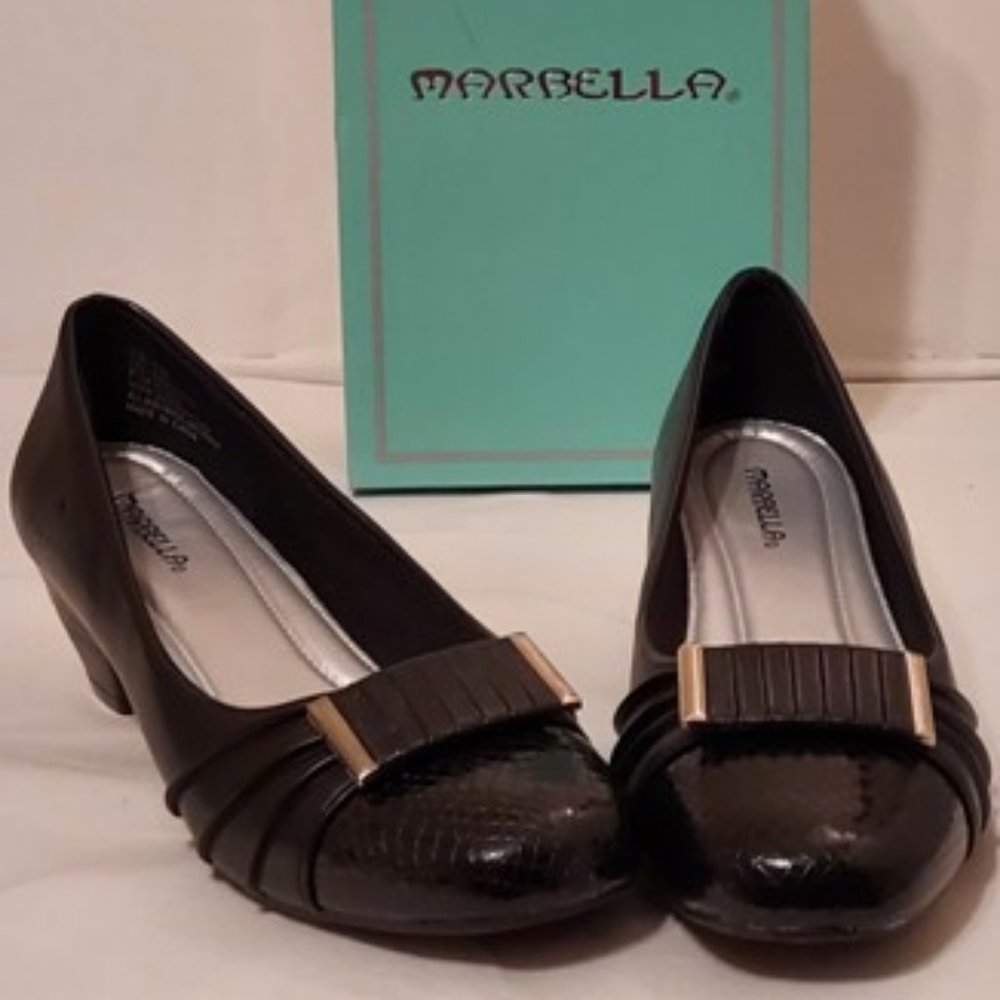Marbella Black Low Heel Pumps with Accent Buckle